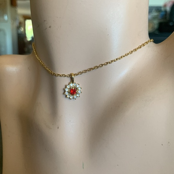 FAUX RUBY AND DIAMANTÉ PENDANT ON GOLDEN CHAIN,JULY BIRTHSTONE - Picture 2 of 7